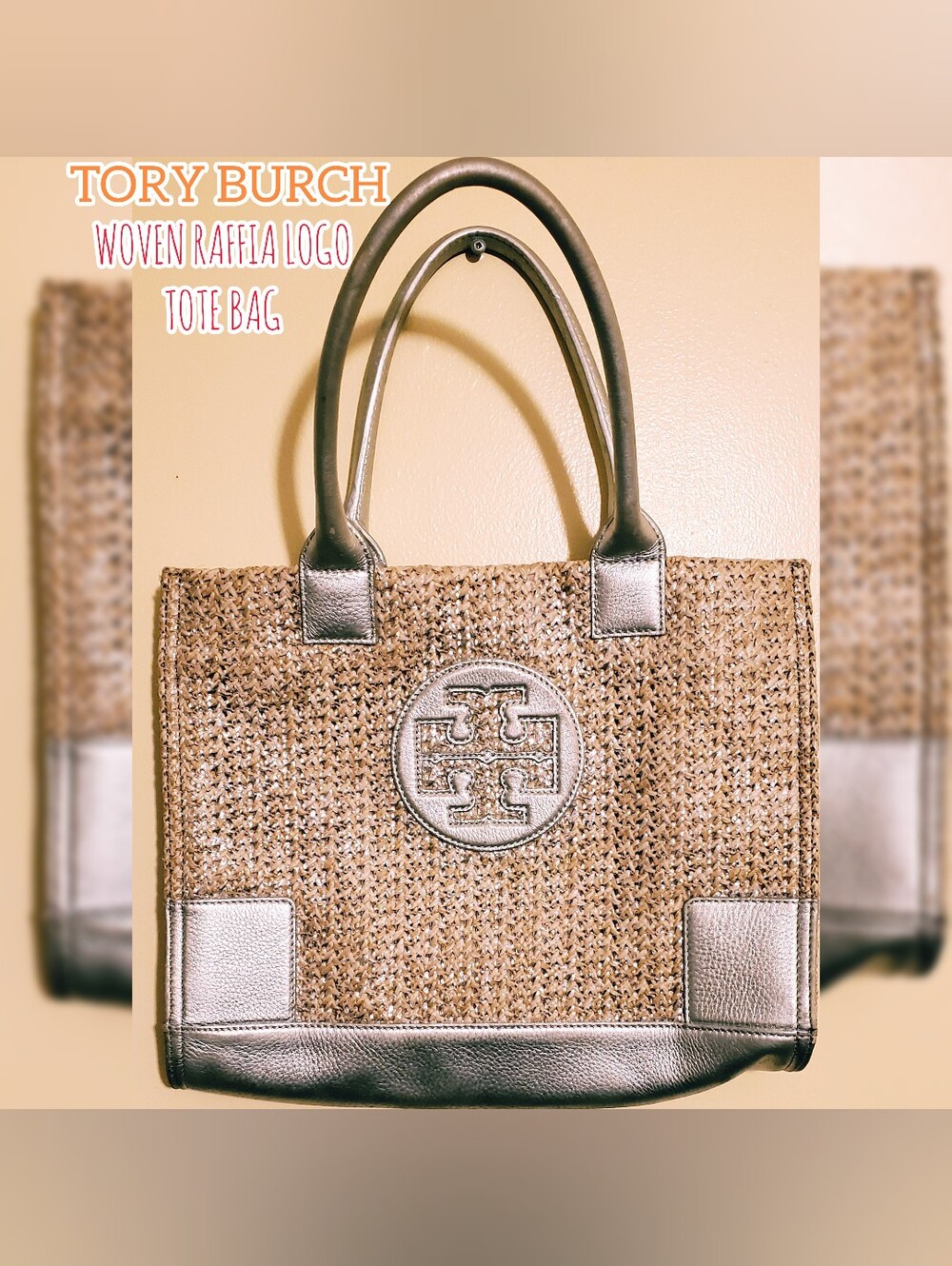 Tory Burch Woven Straw Raffia Tote Shoulder Bag Metallic Silver Leather